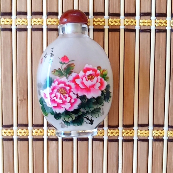 Chinese Asian Reverse Hand Painted Peony Flower Mini Glass Snuff Bottle - New - Picture 2 of 5